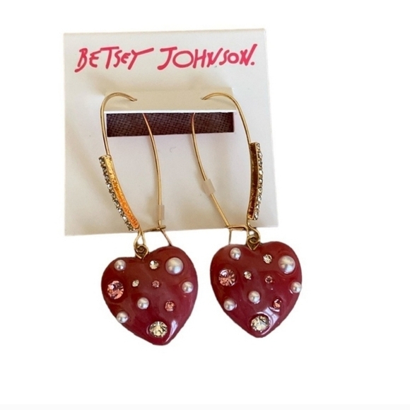 🔹️Betsey Johnson 🔹️Heart Earrings Crystal Pearl Pink New - Picture 2 of 4